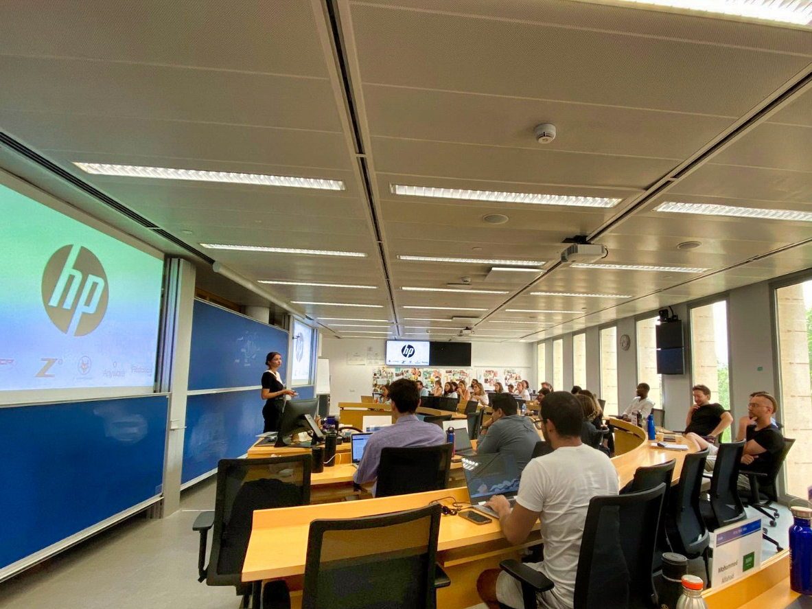Natalie Kosova guest lecturing on enterprise marketing at an HP-sponsored MBA session.